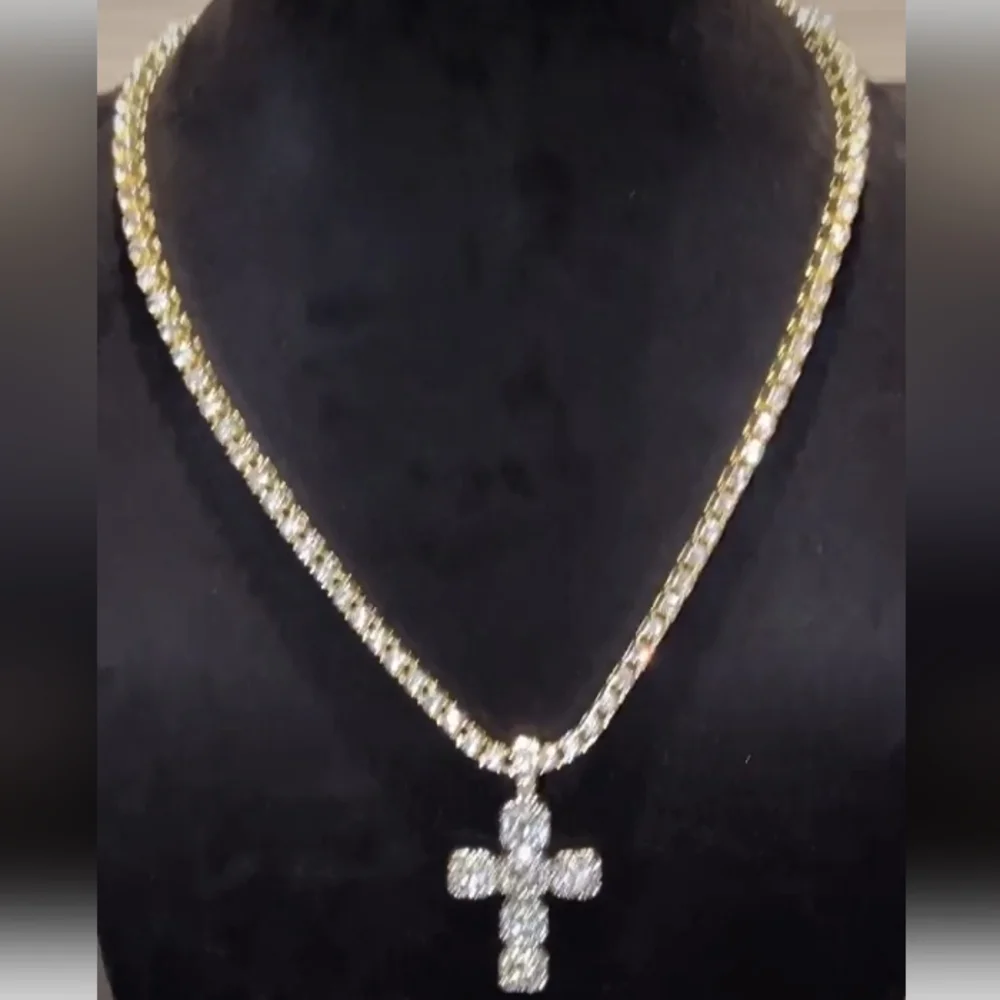 14k Yellow Gold Plated Lab Created Diamond Cross Pendant Tennis Necklace